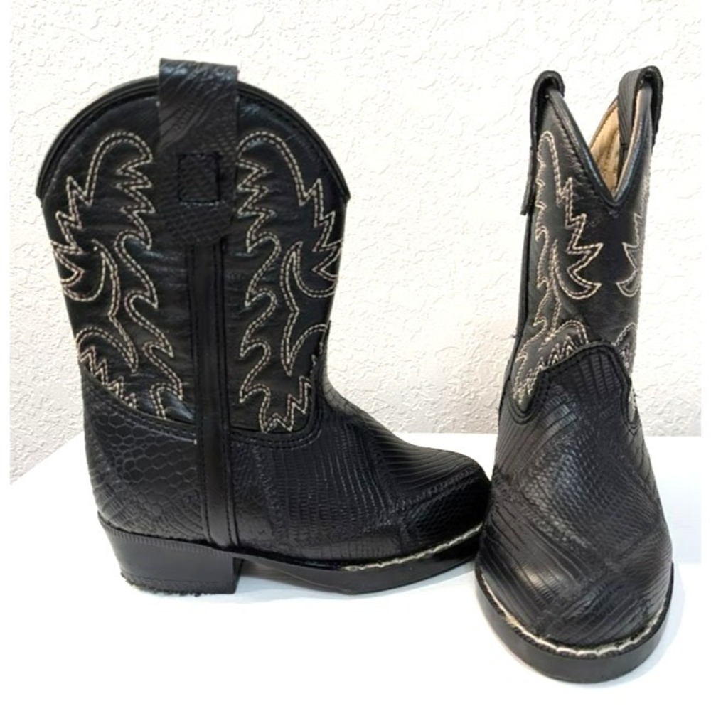 Toddler Cowboy Boots 5M Classic Black Faux Leather White Stitching Flex West